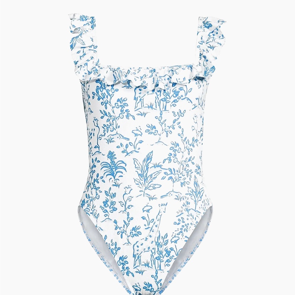 Lilly Pulitzer Aemma Ruffle One-Piece Swimsuit Resort White Tall Tales" print. - Picture 5 of 10